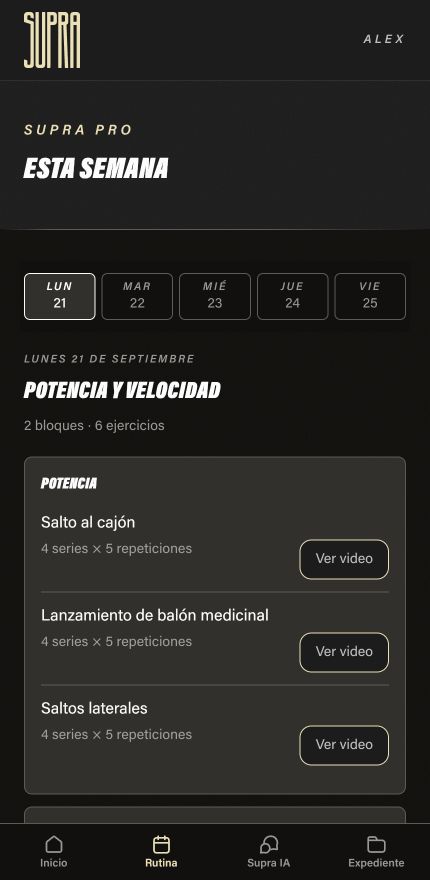 Pro's weekly program in GoSupra, with a day selector and training blocks.
